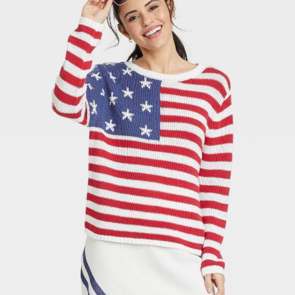 Grayson Threads American Flag Long Sleeve Lightweight Knit Sweater - Picture 1 of 15